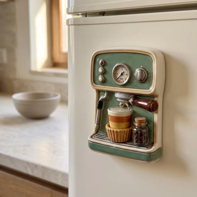 Refrigerator Magnet: Retro Green Espresso Machine 3D Sculpted Kitchen Decor — product photo 12