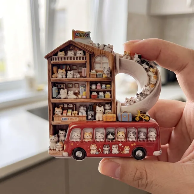 3D Cat Bus Fridge Magnet, Resin Miniature Shelf Scene Decor — product photo 1
