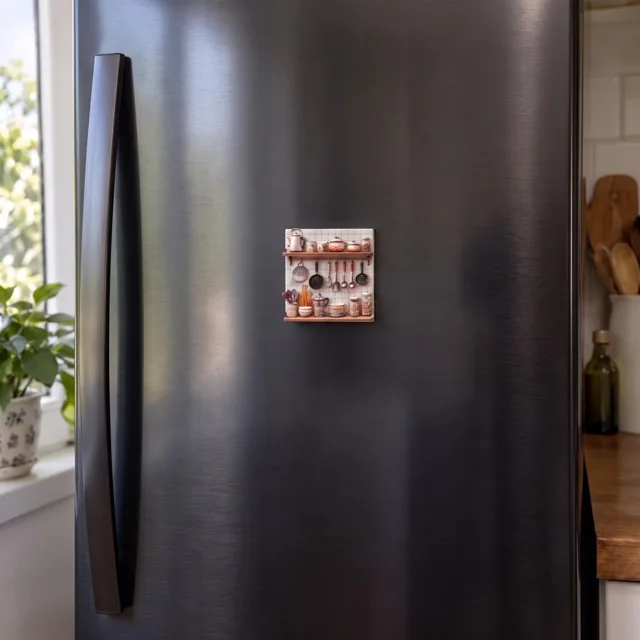 Refrigerator Magnet: Resin Relief Kitchen Shelf Scene With Miniature Cookware — product photo 5