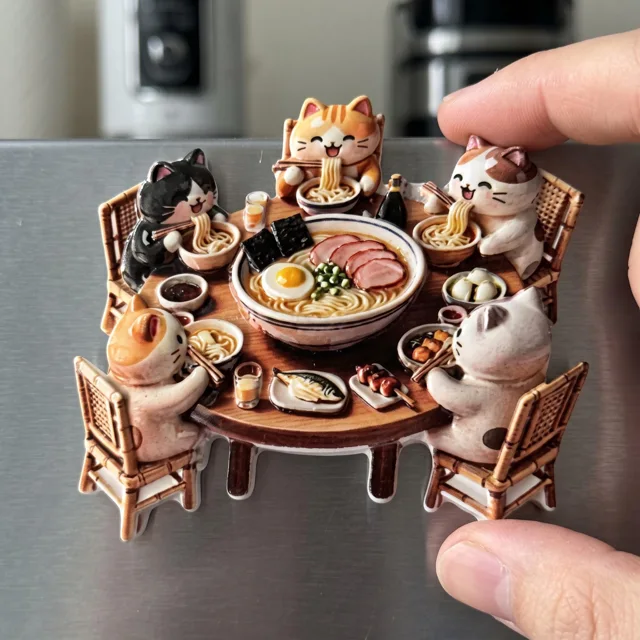 Fridge Magnet: Cat Noodle Table Scene, 3D Resin Kitchen Decor — product photo 2