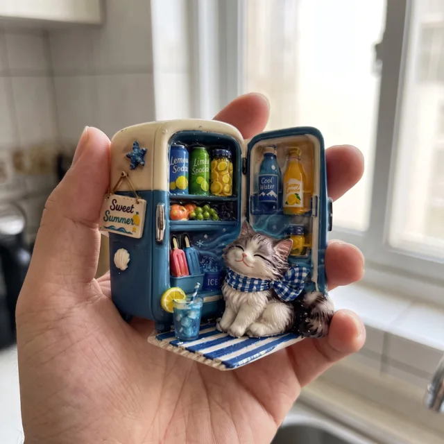 3D Resin Fridge Magnet: Cat in Mini Cooler Summer Kitchen Decor — product photo 9