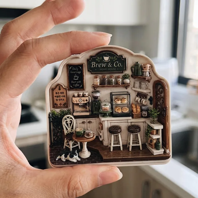 3D Coffee Shop Fridge Magnet: Miniature Cafe Scene Resin Relief Decor — product photo 1