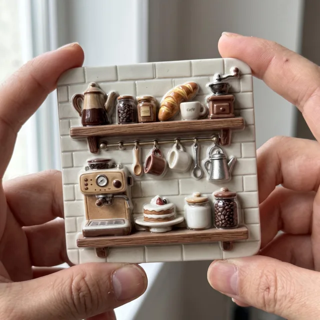 Fridge Magnet, 3D Coffee Shop Shelf Scene, Raised Resin Kitchen Decor — product photo 1