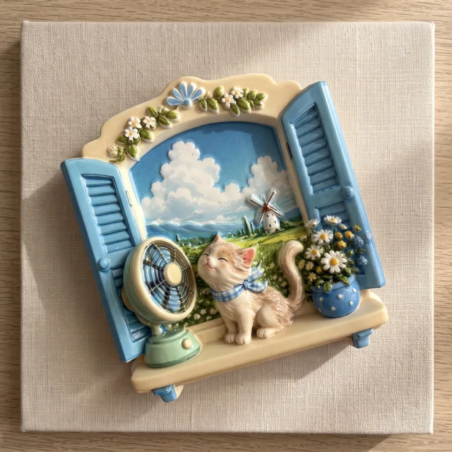 Refrigerator Magnet: Cat Window Scene With Blue Shutters and Flowers — product photo 6