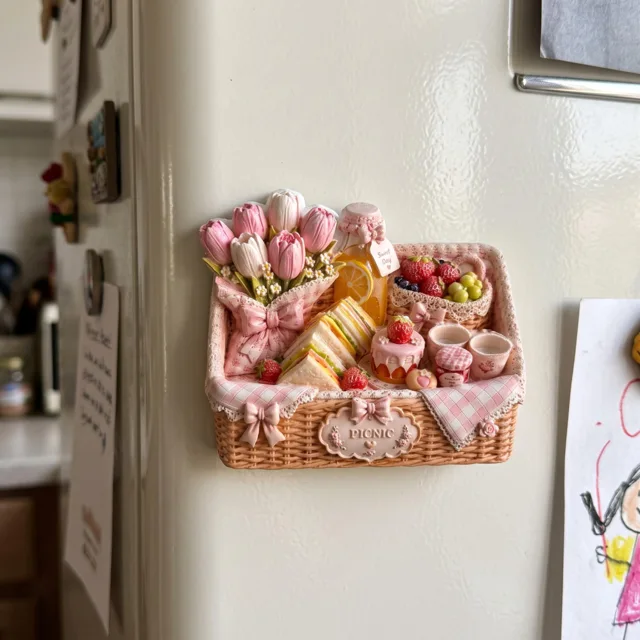 Picnic Basket Fridge Magnet, Pink Floral Food Scene Decor — product photo 2