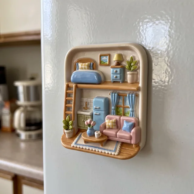 Fridge Magnet Miniature Room Scene With Cozy Home Decor and Plants — product photo 2