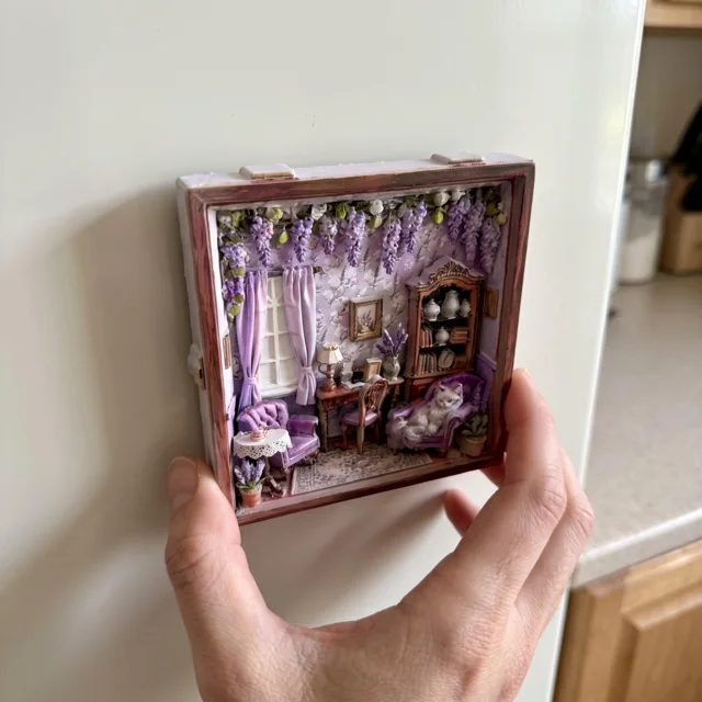 Miniature Room Scene Cat Purple Floral Decor Resin Fridge Magnet — product photo 6