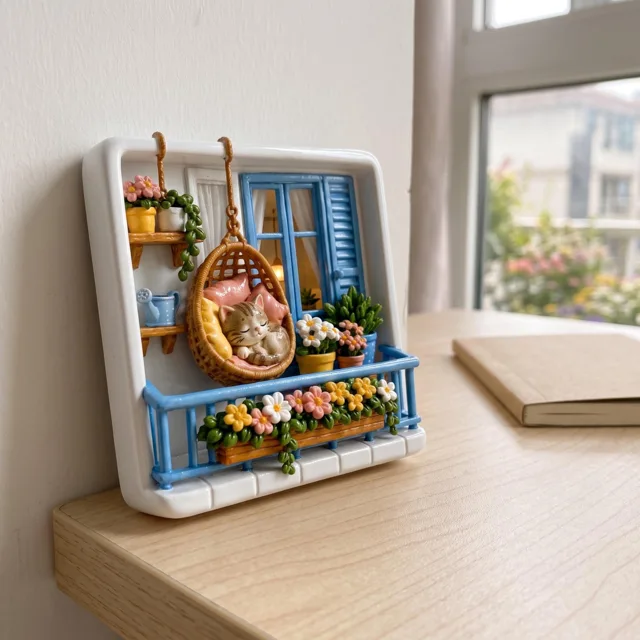 Resin Fridge Magnet: Raised Cat Balcony Scene With Colorful Flowers — product photo 8