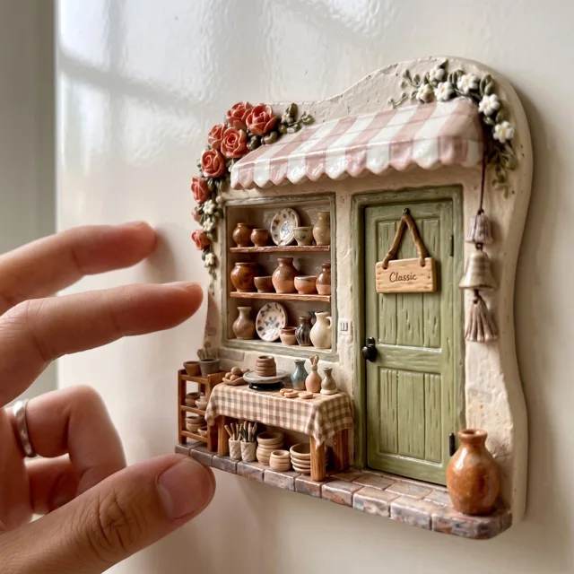 Resin Refrigerator Magnet: 3D Miniature Pottery Shop Scene With Floral Awning — product photo 7