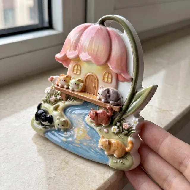 Resin Refrigerator Magnet: Flower House, Cats and River Scene — product photo 8