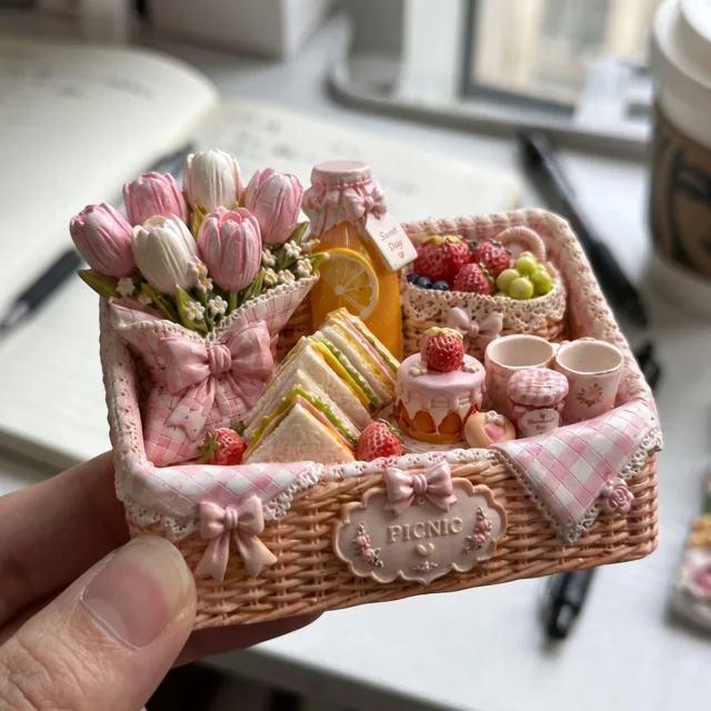 Picnic Basket Fridge Magnet, Pink Floral Food Scene Decor — product photo 7