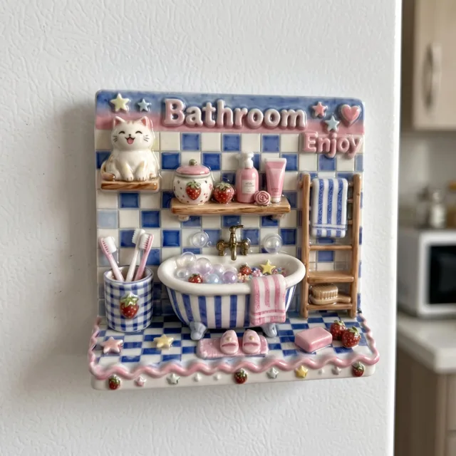 Fridge Magnet: 3D Resin Bathroom Bubble Bath Decor, Blue Pink Cat Scene — product photo 9