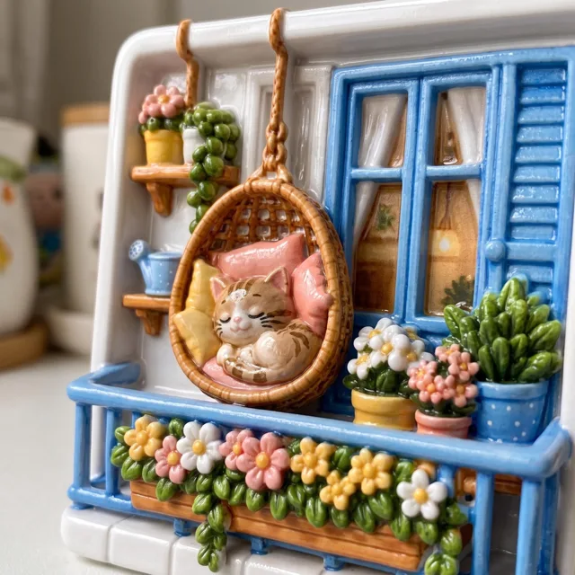 Resin Fridge Magnet: Raised Cat Balcony Scene With Colorful Flowers — product photo 4