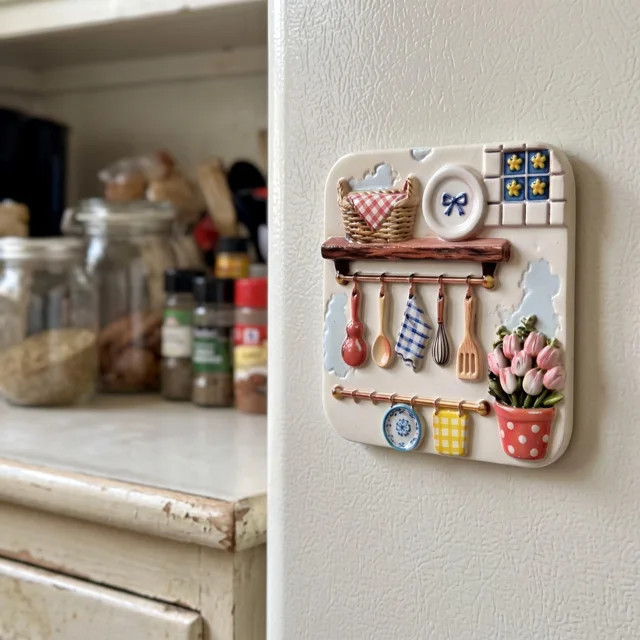 Kitchen Fridge Magnet: Raised Utensil and Tulip Resin Decor — product photo 4