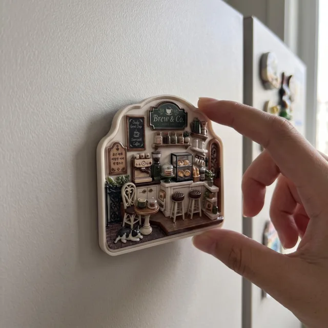 3D Coffee Shop Fridge Magnet: Miniature Cafe Scene Resin Relief Decor — product photo 3