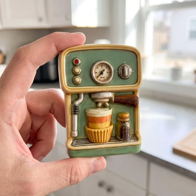 Refrigerator Magnet: Retro Green Espresso Machine 3D Sculpted Kitchen Decor — product photo 3
