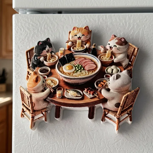 Fridge Magnet: Cat Noodle Table Scene, 3D Resin Kitchen Decor — product photo 1