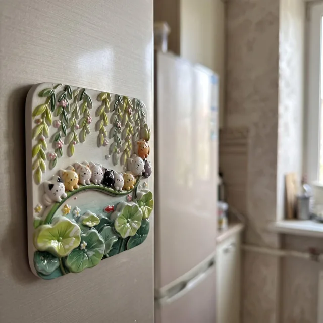 Decorative Fridge Magnet, Cat Garden Pond Scene with Lily Pads and Vines — product photo 5