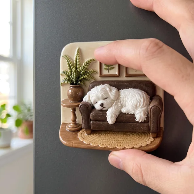 Refrigerator Magnet: Miniature White Dog on Cozy Brown Sofa — product photo 9