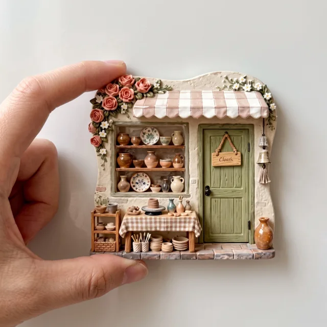 Resin Refrigerator Magnet: 3D Miniature Pottery Shop Scene With Floral Awning — product photo 1