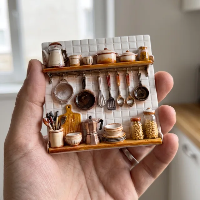 Refrigerator Magnet: Resin Relief Kitchen Shelf Scene With Miniature Cookware — product photo 1
