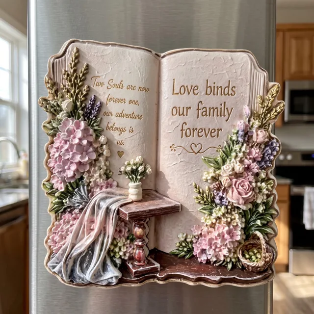 3D Book Refrigerator Magnet: Embossed Resin Floral Plaque With Family Quote — product photo 5