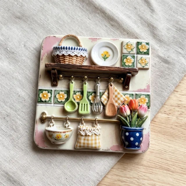 Kitchen Shelf with Floral Details 3D Resin Relief Fridge Magnet — product photo 3