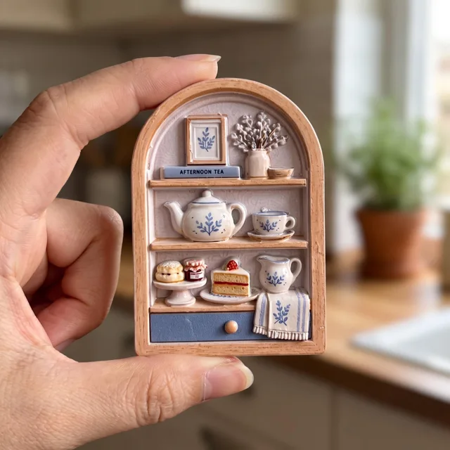 Miniature Tea Shelf Fridge Magnet, Resin Relief Kitchen Decor — product photo 6