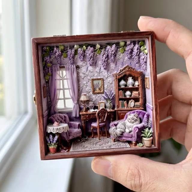 Miniature Room Scene Cat Purple Floral Decor Resin Fridge Magnet — product photo 7