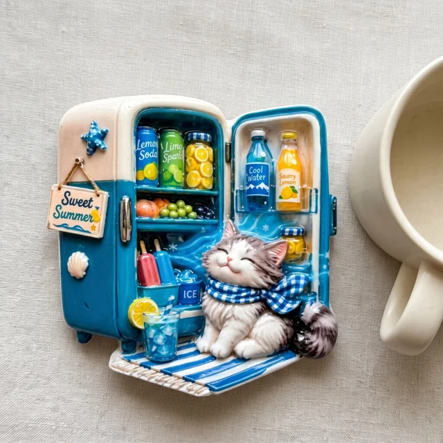 3D Resin Fridge Magnet: Cat in Mini Cooler Summer Kitchen Decor — product photo 8