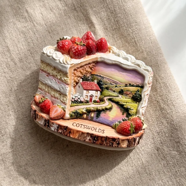 3D Refrigerator Magnet: Resin Strawberry Cake Slice and Cotswolds Landscape — product photo 2