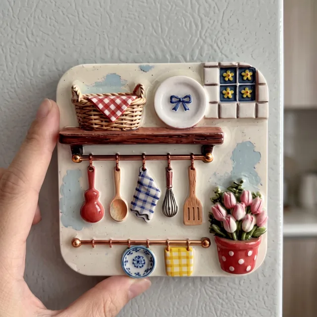 Kitchen Fridge Magnet: Raised Utensil and Tulip Resin Decor — product photo 1