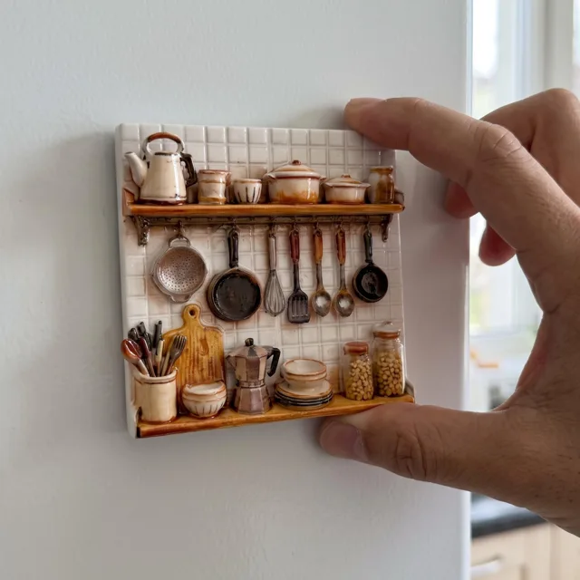 Refrigerator Magnet: Resin Relief Kitchen Shelf Scene With Miniature Cookware — product photo 10