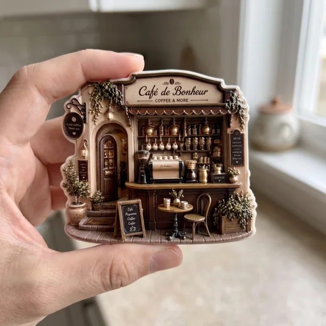 3D Relief Coffee Shop Fridge Magnet, Ornate Cafe Kitchen Decor — product photo 1