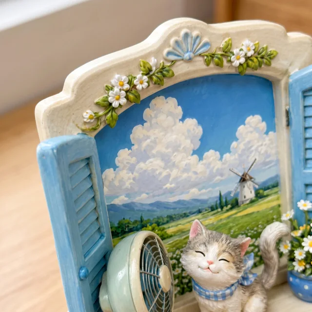 Refrigerator Magnet: Cat Window Scene With Blue Shutters and Flowers — product photo 3