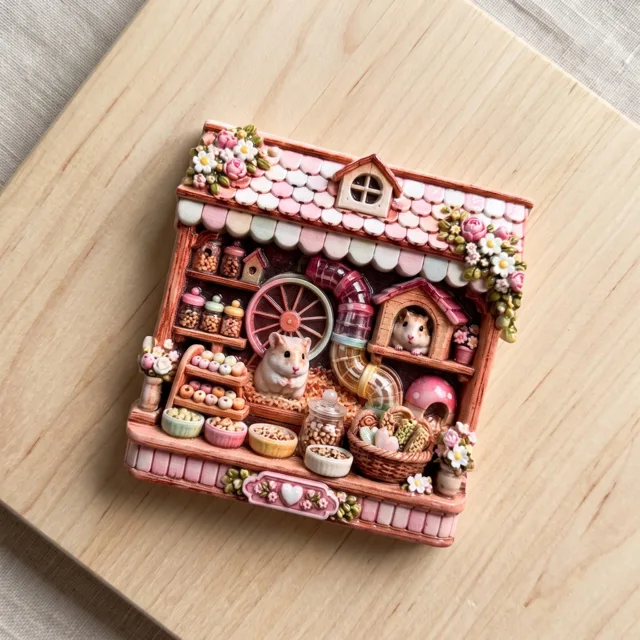 Fridge Magnet, Hamster House Miniature, Pink Floral Resin Decor — product photo 4