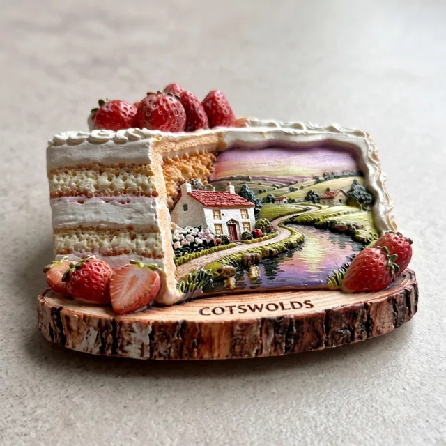 3D Refrigerator Magnet: Resin Strawberry Cake Slice and Cotswolds Landscape — product photo 7