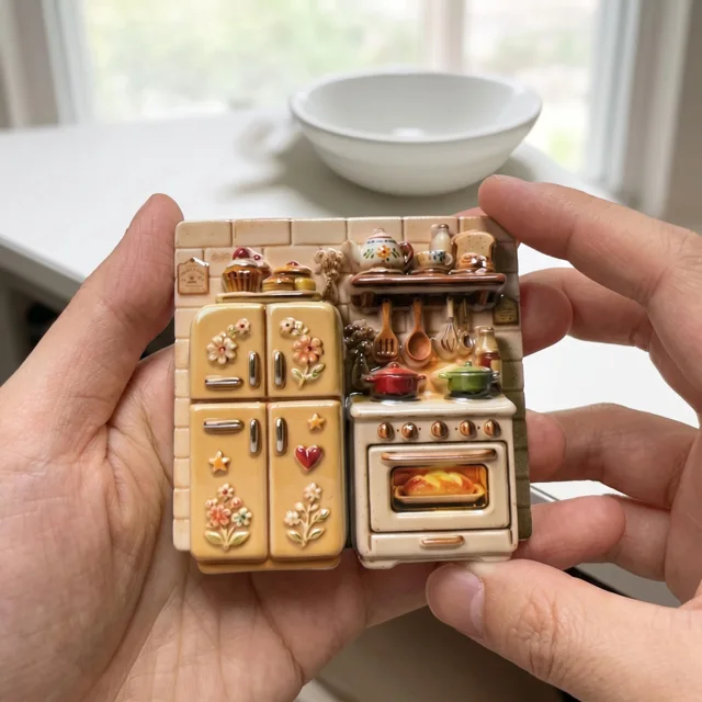 Vintage Kitchen Fridge Magnet with Raised Oven and Cabinet Scene — product photo 11