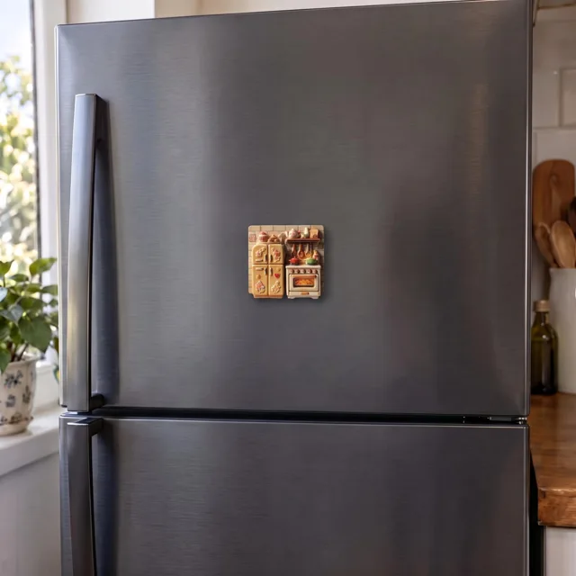 Vintage Kitchen Fridge Magnet with Raised Oven and Cabinet Scene — product photo 3