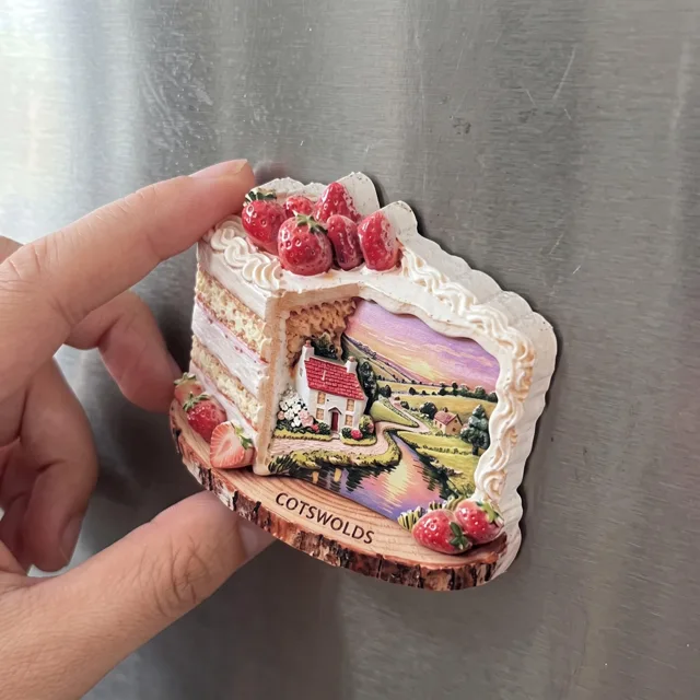 3D Refrigerator Magnet: Resin Strawberry Cake Slice and Cotswolds Landscape — product photo 6