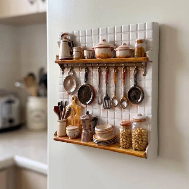Refrigerator Magnet: Resin Relief Kitchen Shelf Scene With Miniature Cookware — product photo 4