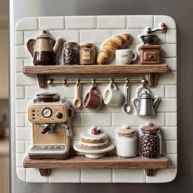 Fridge Magnet, 3D Coffee Shop Shelf Scene, Raised Resin Kitchen Decor — product photo 4
