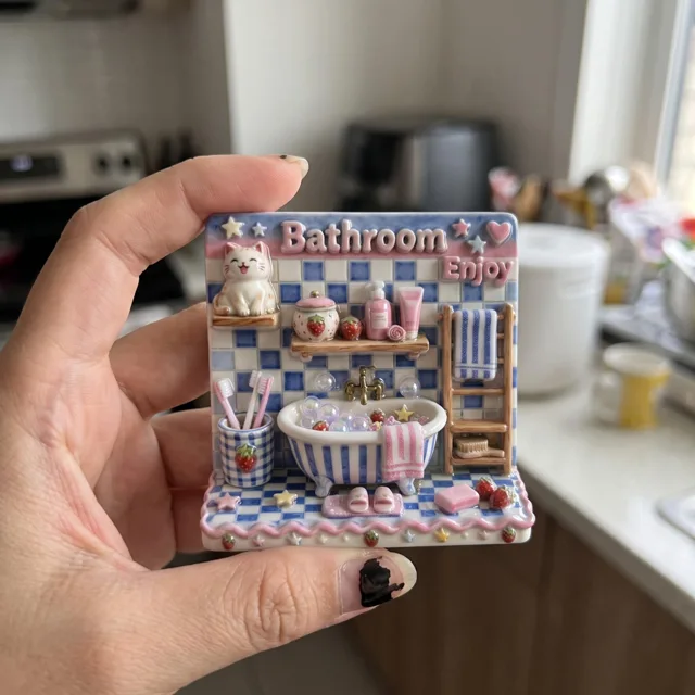 Fridge Magnet: 3D Resin Bathroom Bubble Bath Decor, Blue Pink Cat Scene — product photo 1