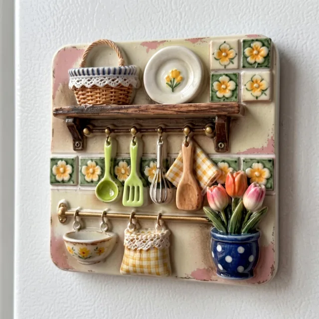 Kitchen Shelf with Floral Details 3D Resin Relief Fridge Magnet — product photo 1