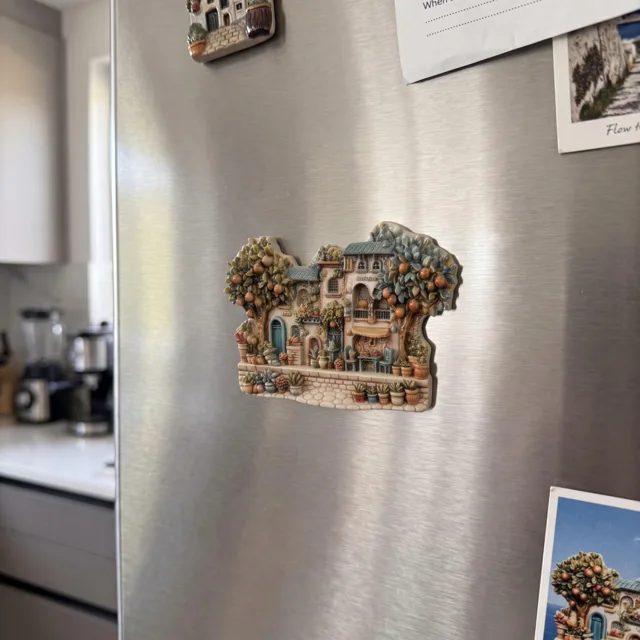 Mediterranean Village Fridge Magnet, Resin Cottage Scene with Fruit Trees and Potted Plants — product photo 8