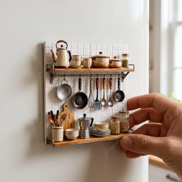 Refrigerator Magnet: Resin Relief Kitchen Shelf Scene With Miniature Cookware — product photo 12
