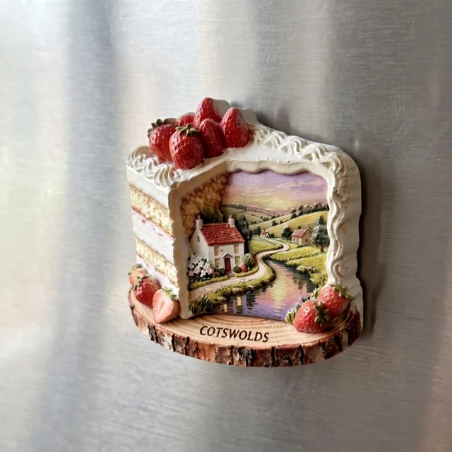 3D Refrigerator Magnet: Resin Strawberry Cake Slice and Cotswolds Landscape — product photo 8