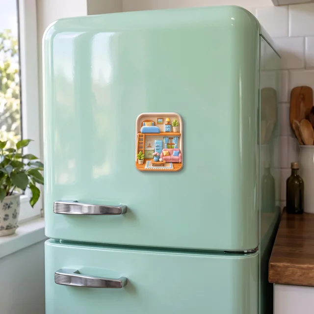 Fridge Magnet Miniature Room Scene With Cozy Home Decor and Plants — product photo 4
