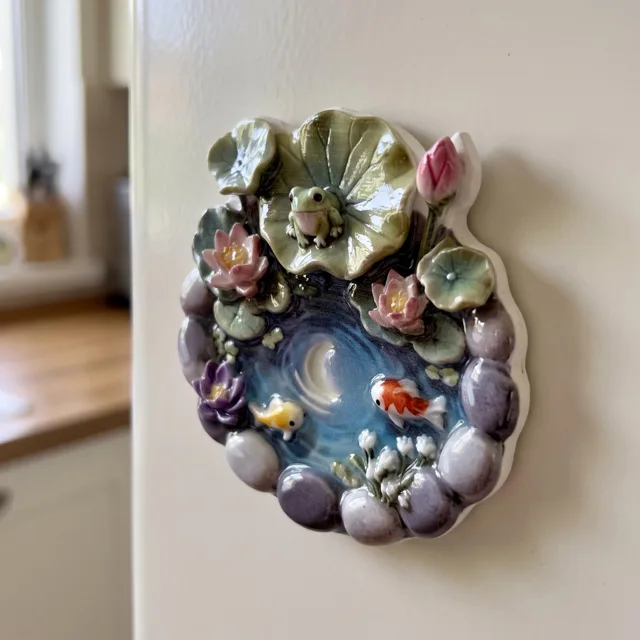 3D Relief Fridge Magnet, Pond Scene with Frog, Lotus and Goldfish — product photo 9