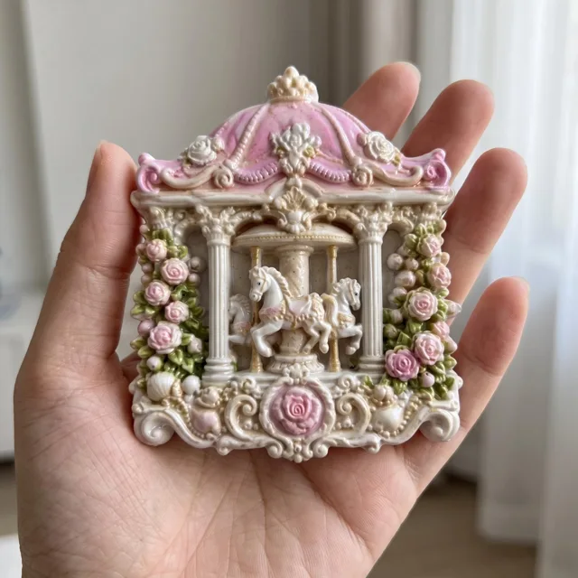 Resin Refrigerator Magnet, Ornate Carousel Horse and Pink Rose Decor — product photo 8